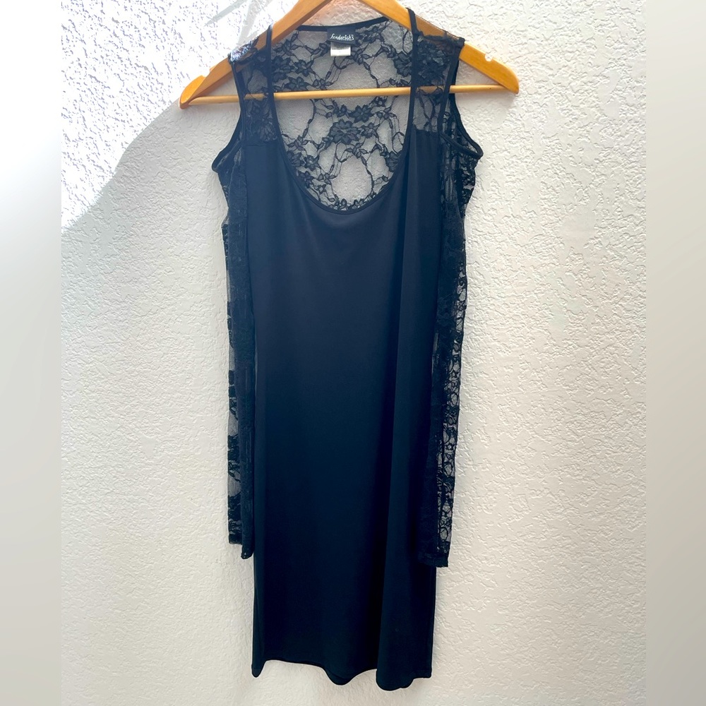 Black Frederick’s of Hollywood dress with lace back and cold shoulder sleeves